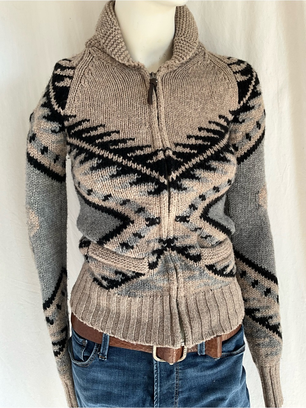 TNA Aritzia Sea to Sky 100% Lambswool Fair Isle Zip Cardigan XS